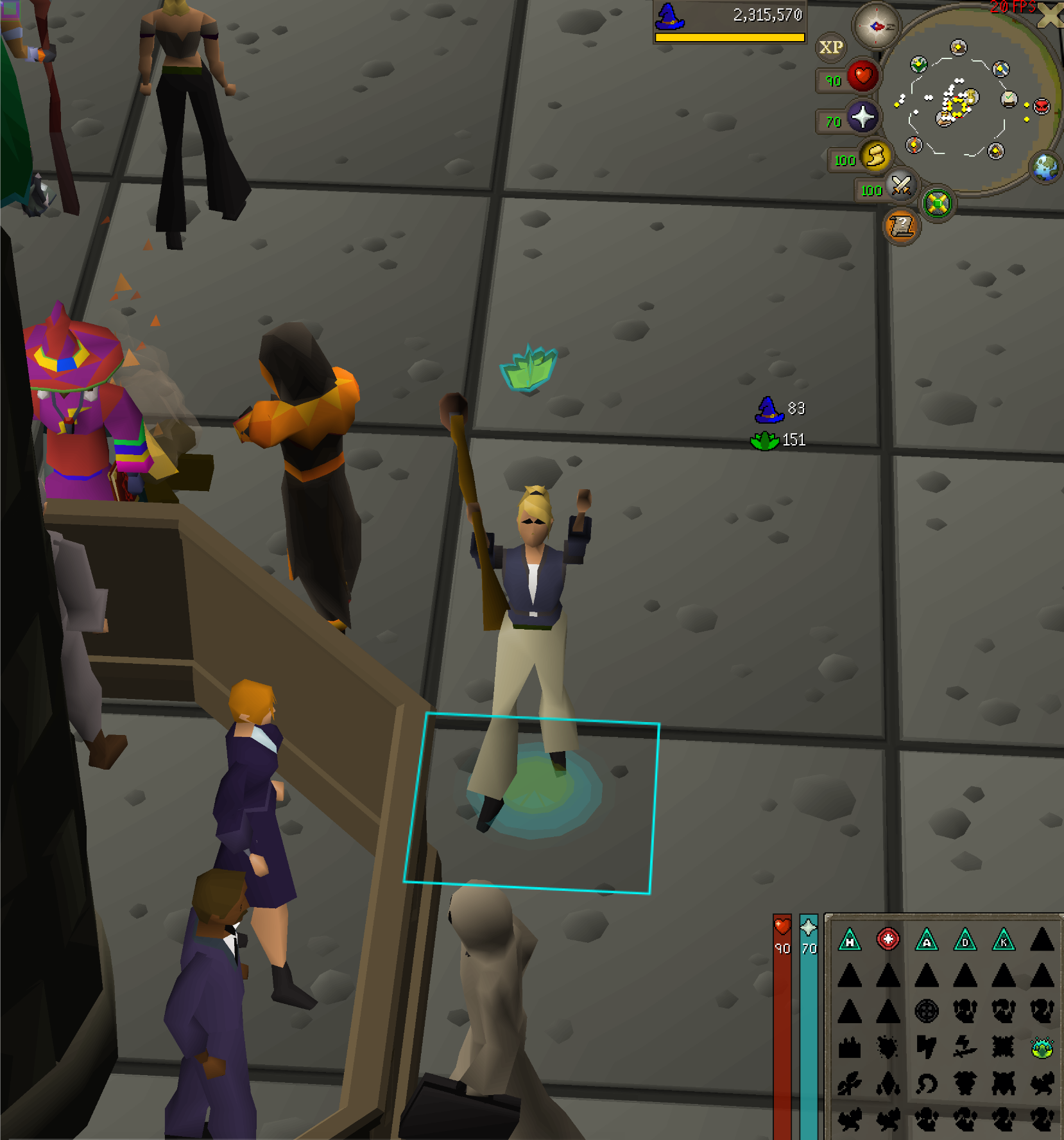 Casting Degrime on a full inventory. Casting Degrime in the crowded Grand Exchange area, with the Magic and Herblore experience drops from one inventory floating beside my character.