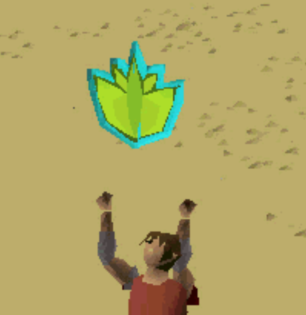 A close crop of the Degrime animation. A large green herb icon outlined in cyan hovers above a character standing with both arms raised.
