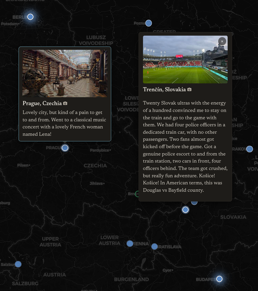 Two travel map cards open at once, one over Prague and one over Trencin, each with a photo and a short note, on a dark map of central Europe scattered with blue dots.